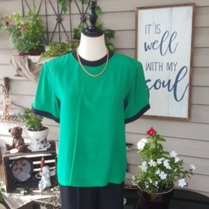 MICHELLE STUART ♡ Gorgeous Vintage Jade Black Trim Short Sleeve Silk Blouse S/M